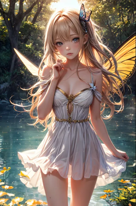 "((Innocent)) girl, golden hour, dreamy meadow, ethereal, whimsical, flowing dress, soft sunlight, enchanting, butterfly wings, (pastel clouds), liquid reflections