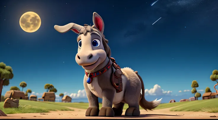 Disney-style donkey with gray fur and a white belly, large ears, an expressive face, and celestial blue eyes. in the background, there is the dark night.