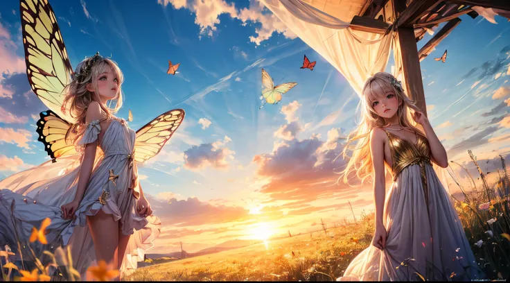 "((Innocent)) girl, golden hour, dreamy meadow, ethereal, whimsical, flowing dress, soft sunlight, enchanting, butterfly wings, (pastel clouds), liquid reflections