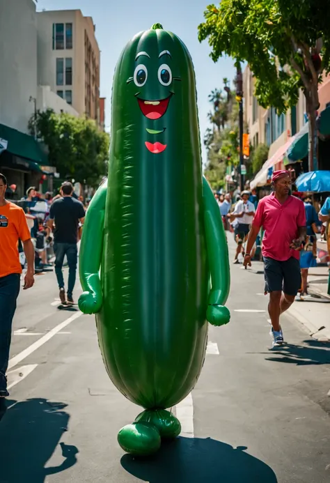 (Portrait shot, ultra-detailed, best quality, photorealistic:1.37, 4k, realistic, photography, a a humanized inflated cucumber walking in streets of Los Angeles, vibrant colours, 35mm)