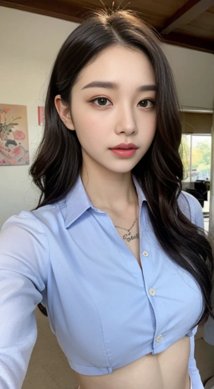 A woman with the same face as last time，Slender Abs、Loose wavy styling、Button-up Shirt、Beautifully expressed in every detail., Including face and skin texture.，Detailed eyes，Seducting look、full body Esbian