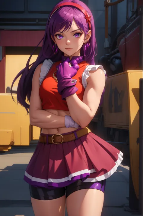 (masterpiece, best quality:1.2), cowboy shot,1girl,solo,purple hair,fingerless gloves,purple eyes,long hair,blue bike shorts,red crop top,idol pose,star hair ornament,jewelry,earrings,hair ornament,white hairband