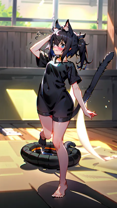 One girl with black hair, glossy black hair, looking away, embarrassed, blushing, :3, indoor, naked oversized shirt, thigh , black cat ears, black cat tails, squating, cat pose, moe pose, blue eyes, black dress, full body