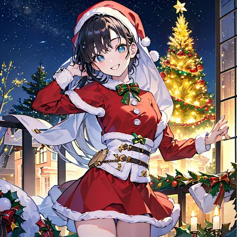 (​masterpiece、top-quality、top-quality、Official art、(Beautifully Aesthetic:1.2)、(1girl in:1.3、(((Delicat eyes)))、turn、naturey、nightcity、Christmas tree、Christmas Costumes、A smile、Splashes of bright colors