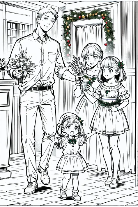 Christmas party, line art, no text, cute, kid, family fun, Fibonacci