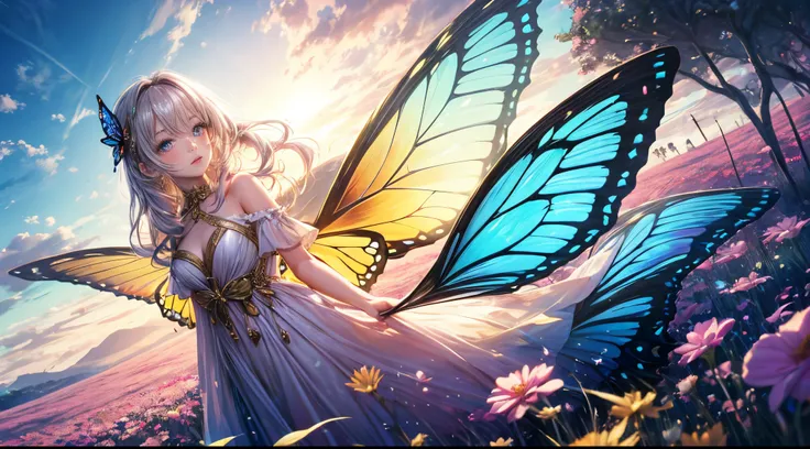 "((Innocent)) girl, golden hour, dreamy meadow, ethereal, whimsical, flowing dress, soft sunlight, enchanting, butterfly wings, (pastel clouds), liquid reflections