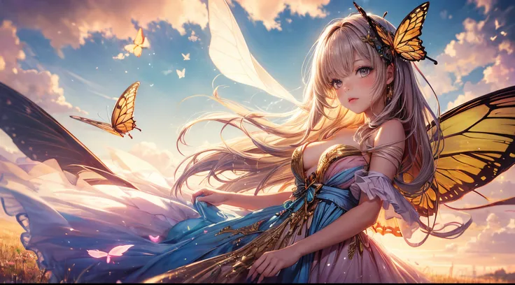 "((Innocent)) girl, golden hour, dreamy meadow, ethereal, whimsical, flowing dress, soft sunlight, enchanting, butterfly wings, (pastel clouds), liquid reflections