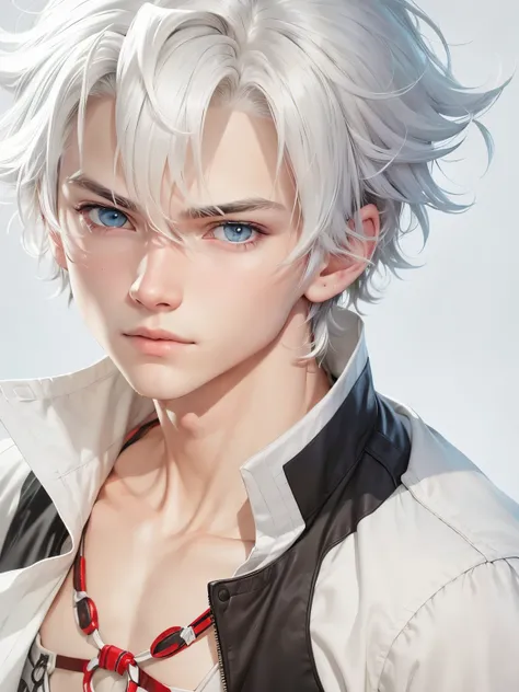 A white-haired teenage boy, (same realistic hairstyle), realistic handsome face, realistic cool expression, adapts the same realistic clothes, realistic light, realistic shadows, realistic background, good image quality, very good image results, 4k, ultra ...