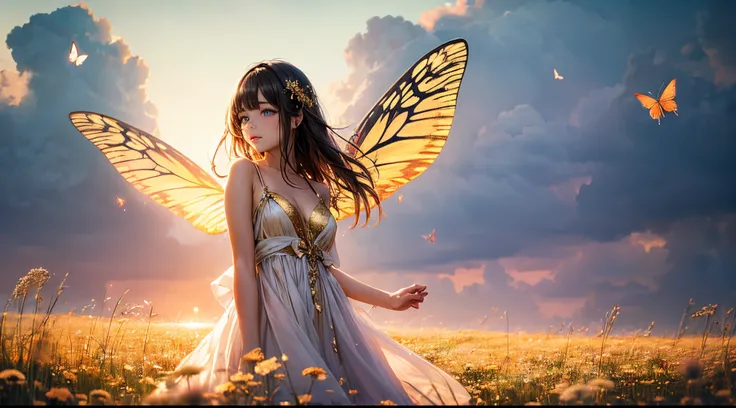 "((Innocent)) girl, golden hour, dreamy meadow, ethereal, whimsical, flowing dress, soft sunlight, enchanting, butterfly wings, (pastel clouds), liquid reflections