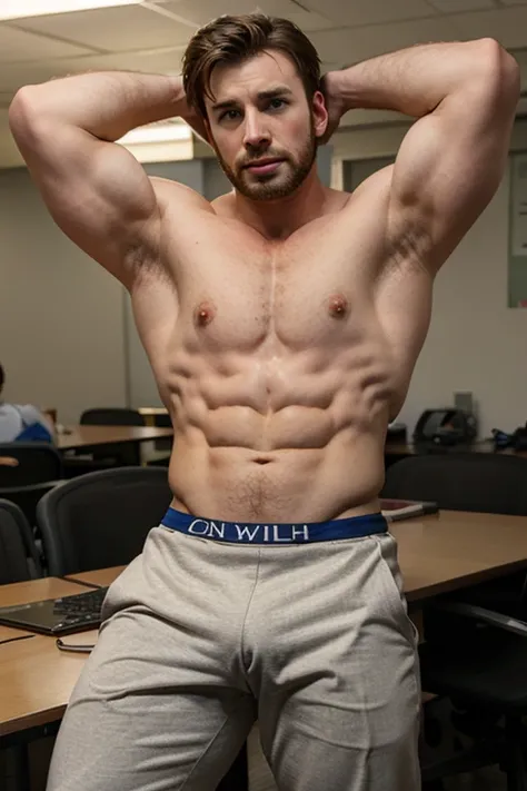 chris evans as a hot university professor, muscular body, massive bulge