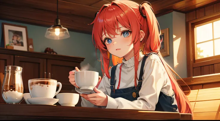 "Cozy Coffee Vibes": Anime girl and A cup of coffee on a saucer surrounded by warm, inviting colors.