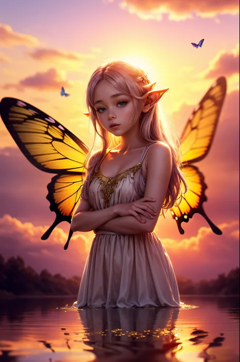 "((Innocent)) Elf girl, golden hour, dreamy meadow, ethereal, whimsical, flowing dress, soft sunlight, enchanting, butterfly wings, (pastel clouds), liquid reflections,frieren