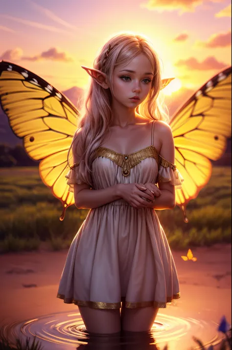 "((innocent)) elf girl, golden hour, dreamy meadow, ethereal, whimsical, flowing dress, soft sunlight, enchanting, butterfly win...