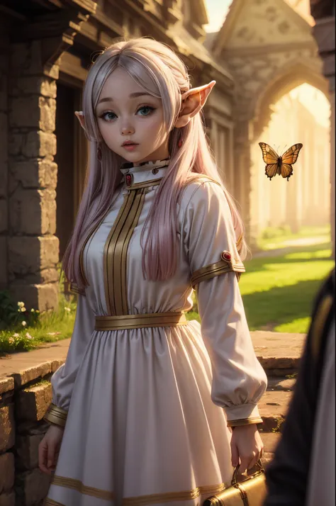 "((innocent)) elf girl, golden hour, dreamy meadow, ethereal, whimsical, flowing dress, soft sunlight, enchanting, butterfly win...