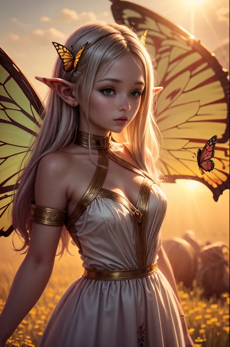 "((Innocent)) Elf girl, golden hour, dreamy meadow, ethereal, whimsical, flowing dress, soft sunlight, enchanting, butterfly wings, (pastel clouds), liquid reflections,frieren