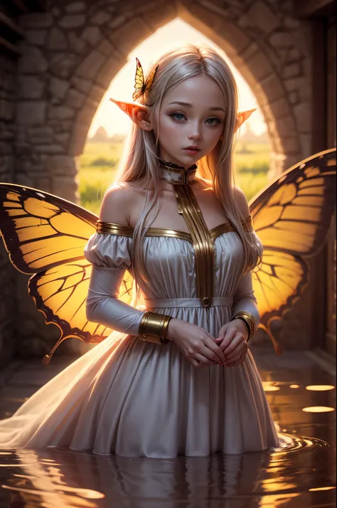 "((innocent)) elf girl, golden hour, dreamy meadow, ethereal, whimsical, flowing dress, soft sunlight, enchanting, butterfly win...