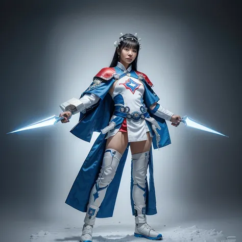 Draw a Korean superhero with a look inspired by the modern culture of South Korea. Ele veste um traje predominantemente azul e branco, incorporating traditional Korean elements in a futuristic way. The superhero has snow-related powers, manifestando gelo e...