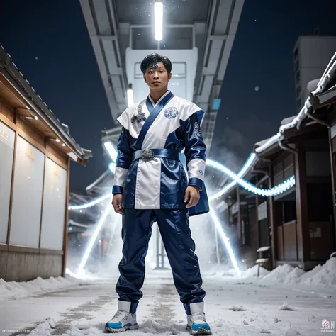 Draw a Korean superhero with a look inspired by the modern culture of South Korea. Ele veste um traje predominantemente azul e branco, incorporating traditional Korean elements in a futuristic way. The superhero has snow-related powers, manifestando gelo e...