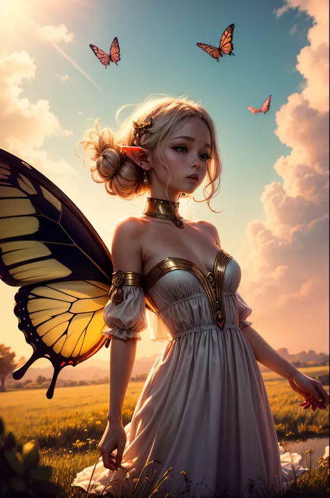 "((Innocent)) Elf girl, golden hour, dreamy meadow, ethereal, whimsical, flowing dress, soft sunlight, enchanting, butterfly wings, (pastel clouds), liquid reflections,frieren