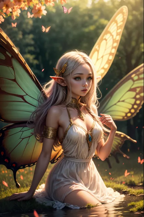 "((innocent)) elf girl, golden hour, dreamy meadow, ethereal, whimsical, flowing dress, soft sunlight, enchanting, butterfly win...