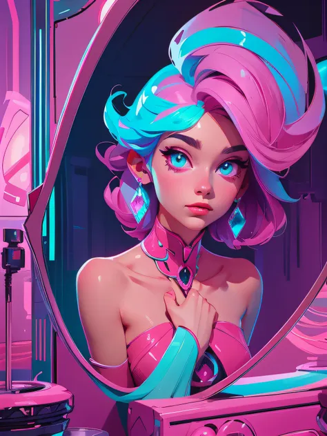 portrait Amidst mirror rooms and dark pink aquamarine hues, candid moments shine in a surreal engine-inspired masterpiece. Organic forms blend with neon light, echoing a hypnotic atmosphere