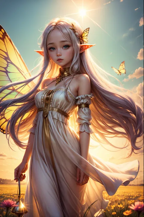 "((innocent)) elf girl, golden hour, dreamy meadow, ethereal, whimsical, flowing dress, soft sunlight, enchanting, butterfly win...