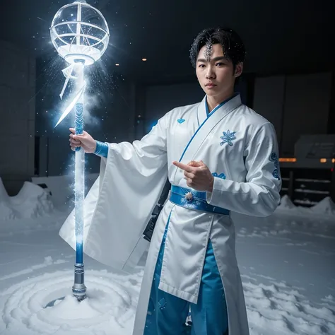 Draw a Korean superhero with a look inspired by the modern culture of South Korea. Ele veste um traje predominantemente azul e branco, incorporating traditional Korean elements in a futuristic way. The superhero has snow-related powers, manifestando gelo e...