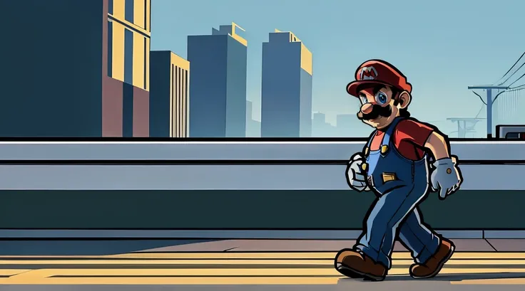 (masterpiece, best quality), mario from super mario bros, serious, walking, city streets, gtav style, grand theft auto, clean lines