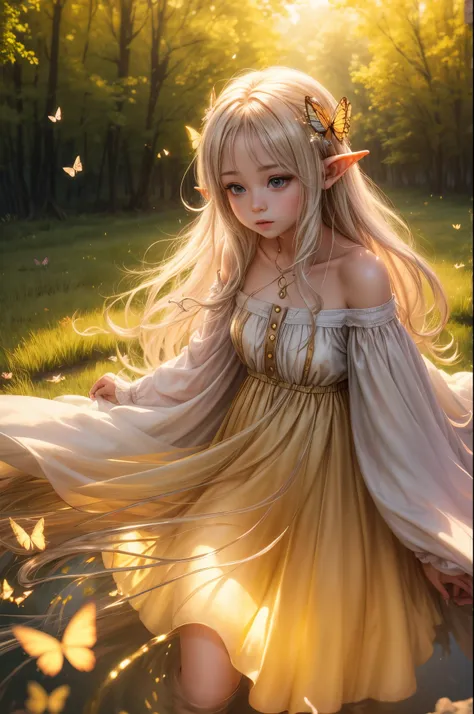 "((Innocent)) Elf girl, golden hour, dreamy meadow, ethereal, whimsical, flowing dress, soft sunlight, enchanting, butterfly wings, (pastel clouds), liquid reflections,frieren