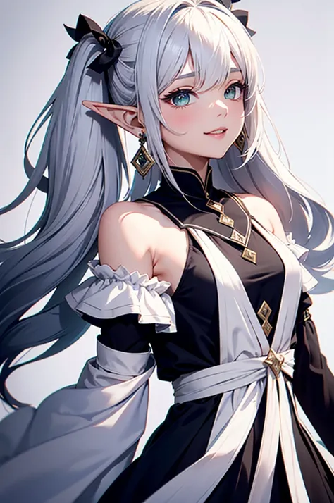 1girl, {{{frieren,o3o }}}, sousou no frieren, tone, shadow, hidari_(left_side), wada arco, hiro_(dismaless), shirabi, dynamic angle, kiss, blowing kiss, earrings, elf, green eyes, jewelry, long hair, looking at viewer, pointy ears, smile, twintails, upper ...