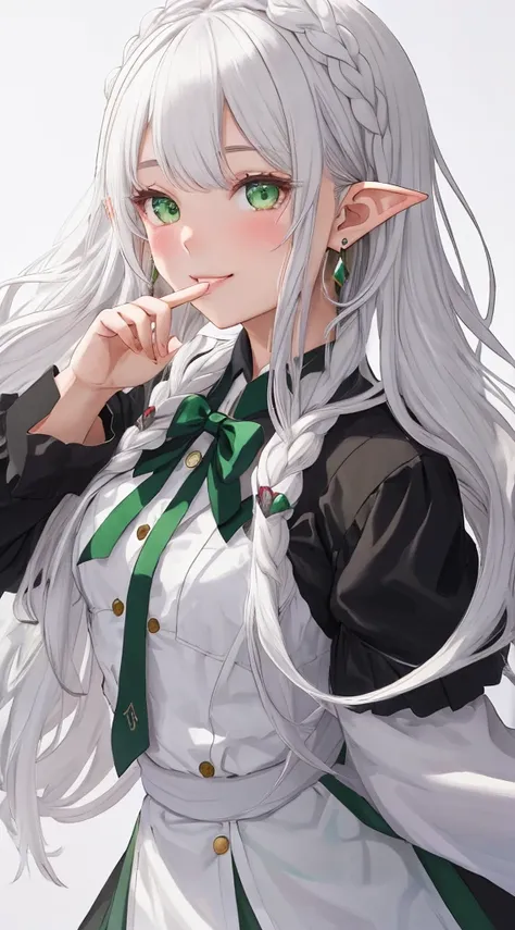 1girl, {{{frieren,o3o }}}, sousou no frieren, tone, shadow, hidari_(left_side), wada arco, hiro_(dismaless), shirabi, dynamic angle, kiss, blowing kiss, earrings, elf, green eyes, jewelry, long hair, looking at viewer, pointy ears, smile, twintails, upper ...