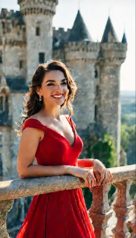 a beautiful woman leaning on a balcony railing, wearing red dress, smiling, stoned castle, shot from outside, low angle shot, su...