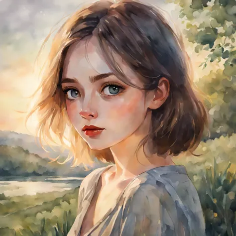 A realistic photo of watercolor and ink illustration style, Its not a girl — its a disaster. Im with someone like her-no way, never. Shes a strange girl, but Im proud of her. I will never fall in love with anyone else, delicate brushstrokes, serene country...