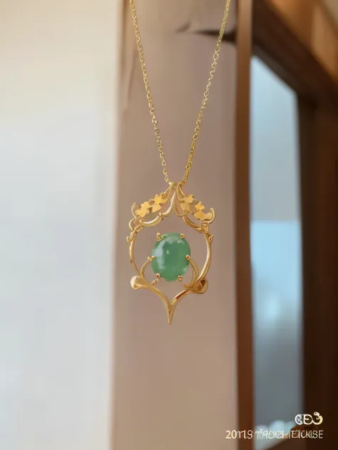 There  a gold necklace，There  a green stone on it, greenish tinge, 8K ), Fine and delicate structure, 8K)), duration, 2023 4k, choker necklace, 16k, 1 6 k, 20k, cute big breasts:2, glass、gold、jade, Delicate body, author：Sun Junze, Jade tiara and necklace