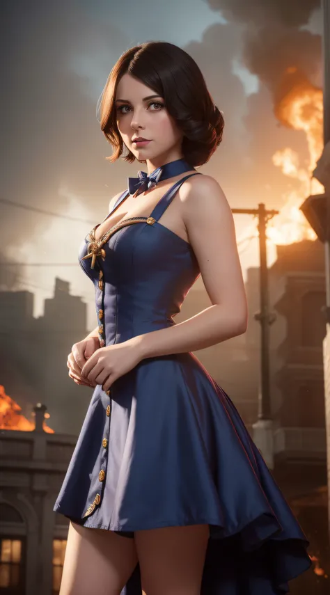 elizabeth from bioshock infinite, looks sadly at the camera, Revealing dress, against the backdrop of a burning city from BioShock Infinite, 4k, High-quality shade, Very realistic, detailed light, bioshock infinite style, steampunc