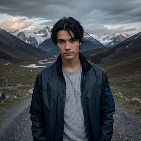 Portrain of person with black hair and blue eyes. The person is wearing a dark blue jacket. He stands and looks at the camera against the background of the mountains. Early morning, grey weather