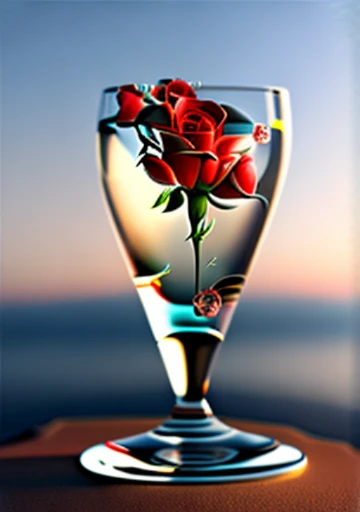 Die Sonne im Kristallglas am Meer, vor dem Hintergrund der Berge, a glass of regular classical shape, opened from above, unter, neben dem Glas, ist eine rote Rose, Hochwertige, realistische Fotografie