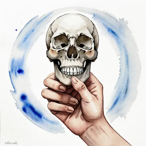 One hand holding a skull hand watercolor