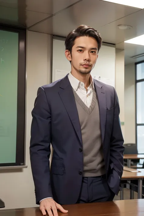 handsome men ,35 years old , lecturer, malaysian  , smart office wear，(((front view))), look at front