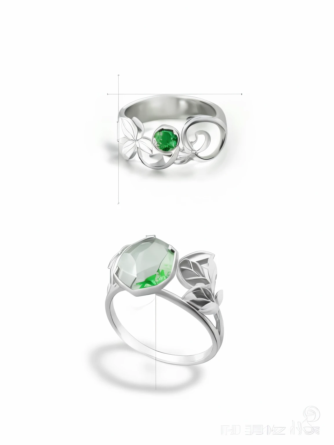 Ring sketch with leaves and flowers, a jewellery design, Silver two-tone details, Product design shooting, Inspired by Peter de Lin, Green jewelry, gyuru, inlaid gemstones, digitally drawn, Eldon ring style, inspired by József Koszta, Silver jewelry, Produ...