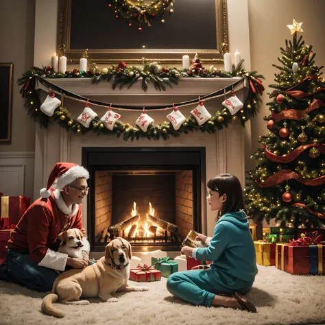 super high quality, 8k, RAW photo, realistic, detailed and delicate depiction and flashy and dynamic painting method, My parents and siblings are having fun decorating the Christmas tree, background living room, fireplace, puppy