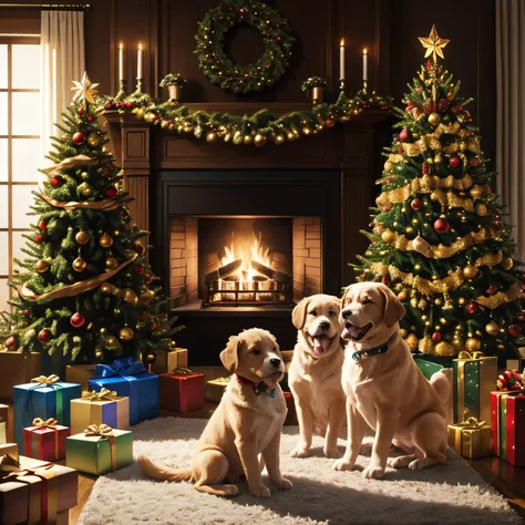 super high quality, 8k, RAW photo, realistic, detailed and delicate depiction and flashy and dynamic painting method, The whole family is having fun decorating the Christmas tree, background living room, fireplace, puppy