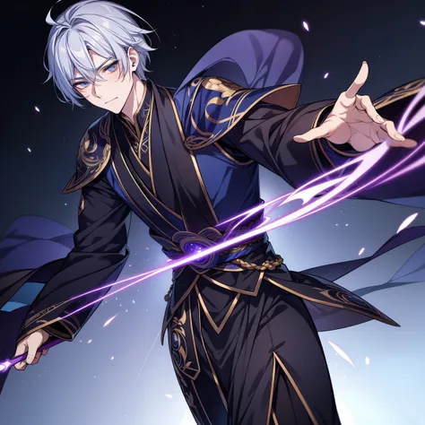 quadratic element，style of anime，One guy（male warrior）the only person，独奏，The magic of controlling electricity，The proportions are correct，Lack of facial detail color hair，Neck details，Purple suit，joke，black toga，clothes details，longer sleeves，Game quality，...