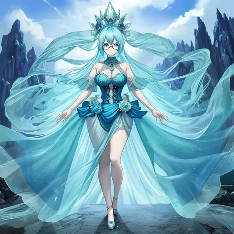 Big slime girl, full body transparent, sky blue hair, glasses, hot figure, big beauty, delicate and beautiful face, full body portrait, big eyes, beautiful face, big, transparent tulle, sexy and alluring, chest size amazingly large, delicate face