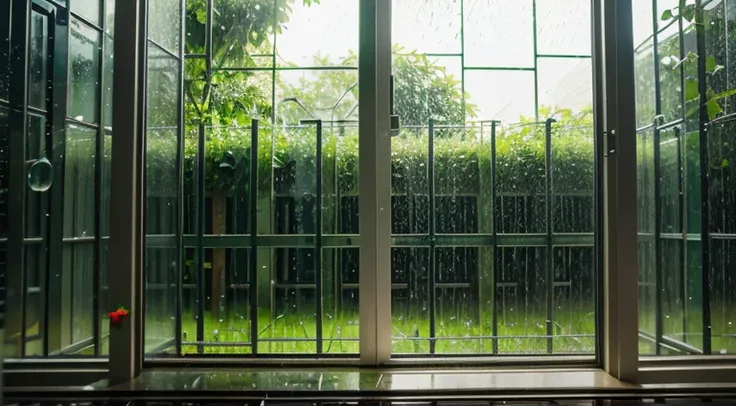 Anime rain, green garden, glass window water drops.