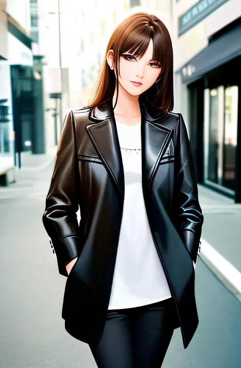 Fide woman wearing white shirt and black jacket standing on the street, Attractive girl, Attractive woman, Attractive young woman, Beutiful women, Amazing woman, dressed in a black jacket, 30 year old French woman, she wears leather jacket, Attractive brow...