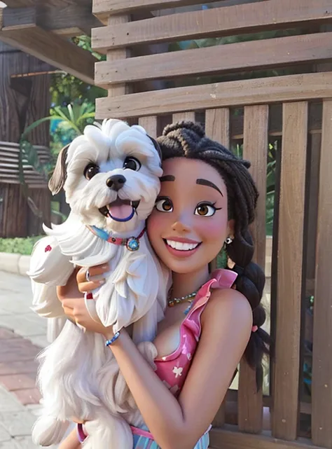 Poster estilo Pixar Disney, uma garota afro, braided hair, black woman holding a dog and smiling at the camera, segurando seu yorkshire terrier, Directed by: Samuel Silva, cabrito, Shih Tzu, with dogs, havanese dog, Directed by: Fernando Gerassi, Directed ...