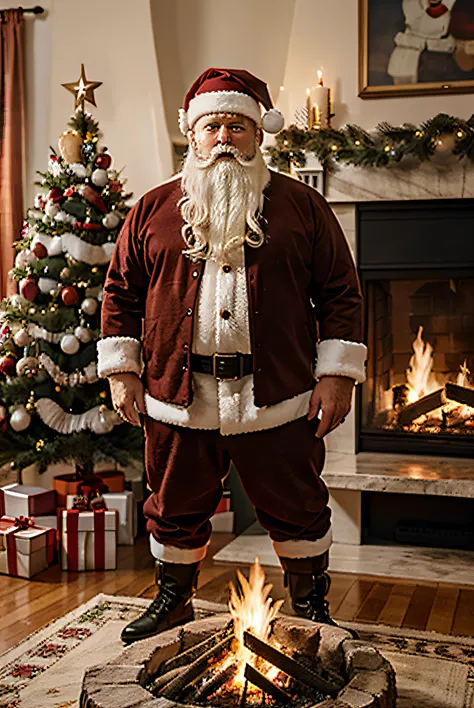 full frontal santa fully clothed standing in front of a fire place with a big bushy white beard