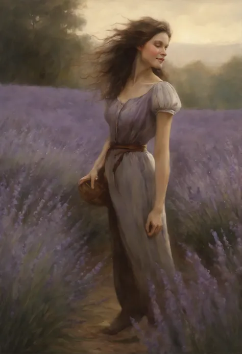 真实感, dark fantasy style, John Tolkien style, Small painting by Jean-Baptiste Monge, Soft facial features, female rocker, stands in the center of lavender flowers, Smiling broadly, laughs out loud, looking at away, Smiling broadly, long wavy darkbrown hair,...