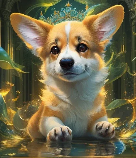 Masterpiece, cute fantasy Welsh Corgi, glowing effect, glass morphism style, ornate, dynamic, centered, sharp focus, beautiful detailed, face very realistic, hyper detailed, cartoon, cinematic,